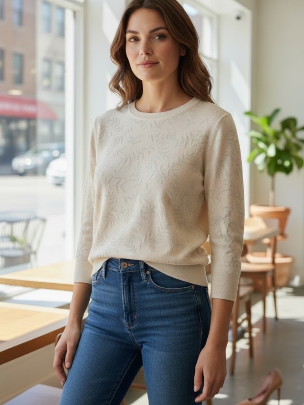 LIZ CLAIBORNE XL Cream leaf Print Lightweight PULLOVER